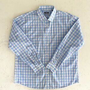 Izod Slim Fit LS Button Down Cotton Poly Plaid Dress Shirt Blue & Wht Sz 17.5